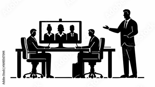 Business meeting with remote participants displayed on a monitor in a conference room setting shown | editable eps vectors
