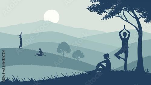: Silhouette of a group practicing yoga on a hilltop