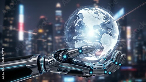 Robotic Hand Gently Holds Holographic Earth Against Cityscape