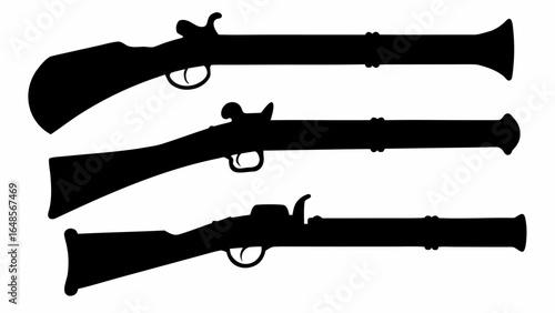 Silhouette illustration of three antique muskets with triggers and barrels in a row on white backdrop | editable eps vectors