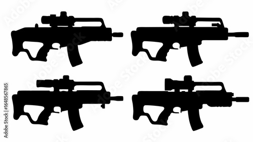Silhouette depiction featuring four stylized assault rifles with scopes in a grid arrangement | editable eps vectors