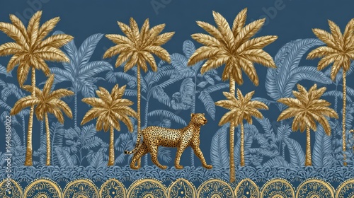 Tropical border with a leopard and palm trees