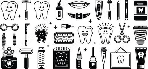 Dental Care Icon Set Black and White Vector Illustration Featuring Teeth Tools and Hygiene Products for Oral Health and Wellness
