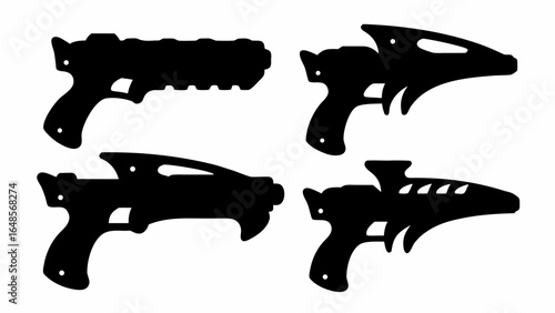 Silhouette depiction of four futuristic ray guns or blasters in varying designs and orientations | editable eps vectors