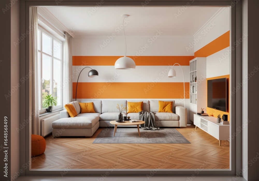 Obraz premium Living room featuring orange striped walls and a sectional sofa viewed through a doorway frame