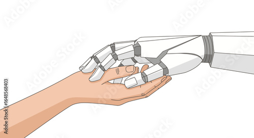 Future technology concept showing robot hand gently touching human hand offering support and connection