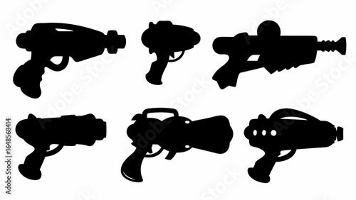 Silhouette illustration showcasing a collection of futuristic ray guns and space blasters in black color | editable eps vectors