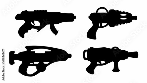 Four futuristic ray guns and blasters in black silhouette against a white background image art | editable eps vectors