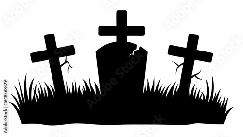 Silhouette of three tombstones with crosses in a grassy graveyard, dark and spooky scene, halloween theme | editable eps vectors