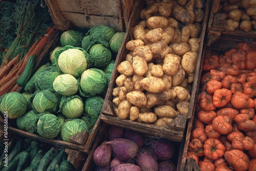 Fresh produce in wooden crates at a market