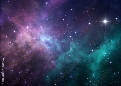 Abstract astronomy design with radiant purple nebula clouds, shining starburst, black galaxy sky, and glowing universe elements forming a cosmic space background full of light, energy, and infinity.