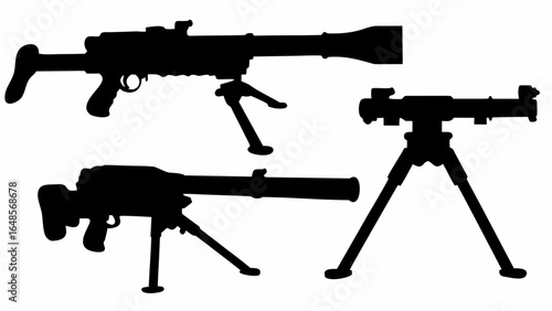 Silhouette depiction of three anti tank rifles with bipods in a black and white arrangement style | editable eps vectors