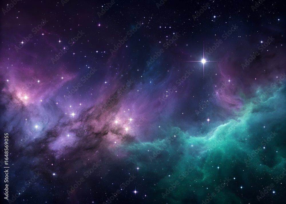 Naklejka premium Cosmic night sky background with black and purple nebula clouds, bright stars, glowing galaxy blaze, and scattered universe lights forming a stunning astronomy-inspired abstract design illustration.