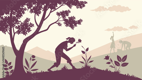 Silhouette of a person smelling a flower in a garden (2).eps