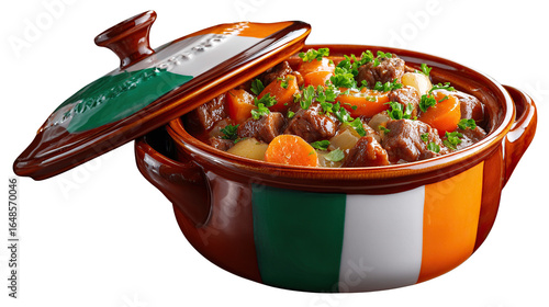 Irish Stew: A tantalizing image of Irish stew with tender meat and root vegetables, meticulously captured in a rustic, ornate earthenware dish.