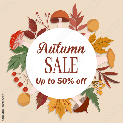 Autumn sale composition card with fall cozy elements frame Mushrooms leaves plants
