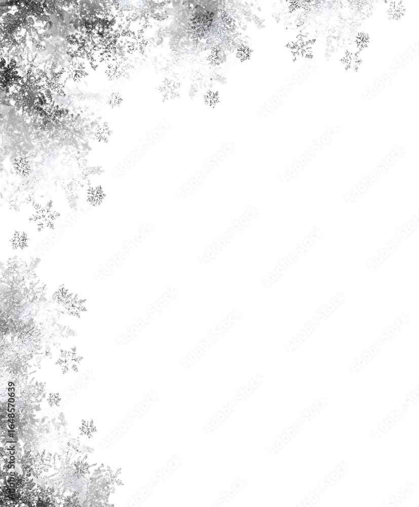 Fototapeta premium white frozen ice snowflakes border vertical frame background isolated on white or transparent png