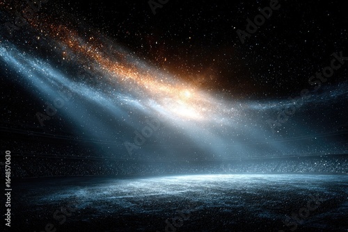 Empty arena, spotlight, cosmic dust