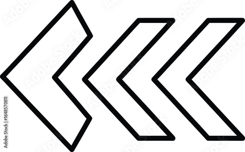 Triple left arrow icon isolated on white background, indicating direction, navigation, or a previous step in a clean, minimalist design