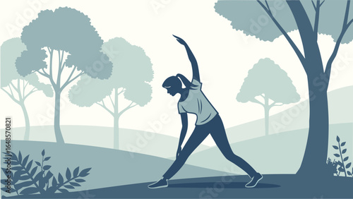  Silhouette of a woman doing morning stretches in park.eps