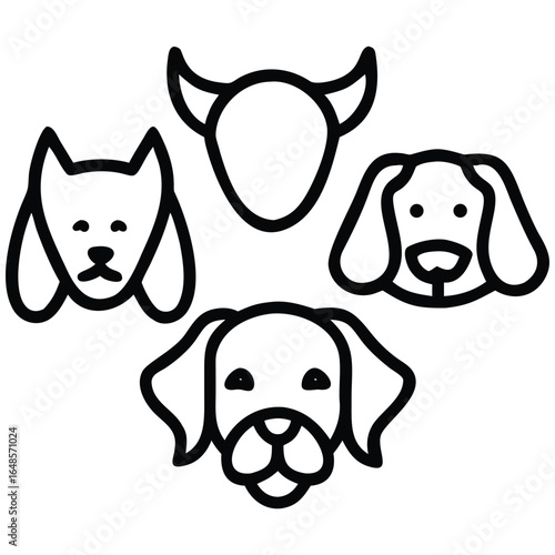 Happy, cute, and funny dog, cat, and other pets cartoon character vector illustration set