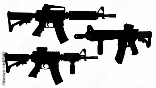 Silhouetted illustration displaying three ar fifteen style rifles in various configurations and orientations | editable eps vectors