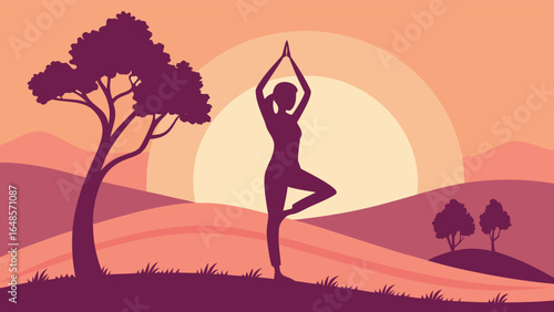 Silhouette of a woman doing tree pose yoga at sunset.eps
