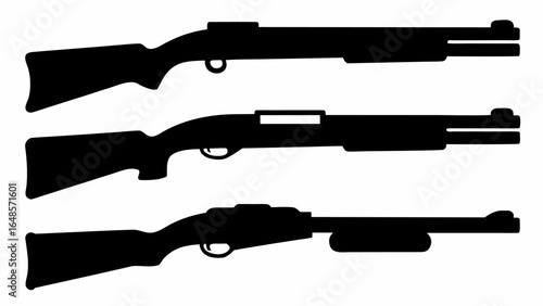 Three black silhouette illustrations of different types of shotguns aligned horizontally on white background | editable eps vectors