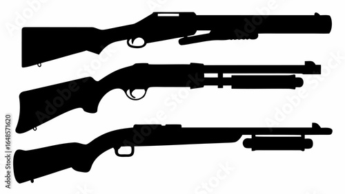 Three shotguns in black silhouette with varying barrel lengths and pump action mechanisms displayed | editable eps vectors
