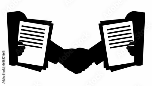Two hands holding documents and shaking hands in black and white silhouette illustration design | editable eps vectors
