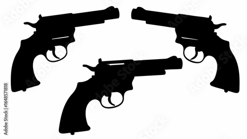 Three revolver pistols in silhouette, two pointing inward and one centered below them, on white background | editable eps vectors