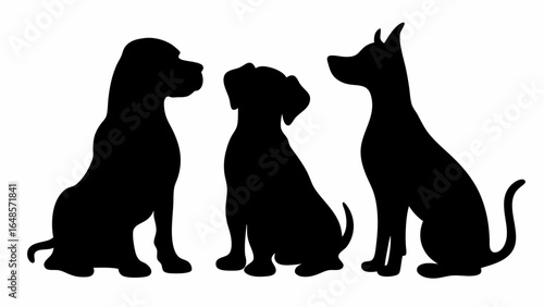 Three dog silhouettes sitting in a row against a white background in a simple black and white image | editable eps vectors
