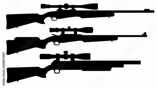 Three silhouettes of rifles with scopes in black color against a white background in a horizontal layout | editable eps vectors