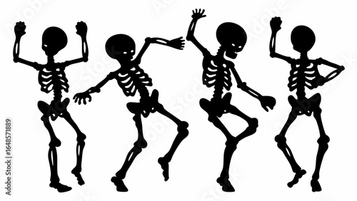 Four skeletons dancing in silhouette with various poses and bone details on a white background scene design | editable eps vectors