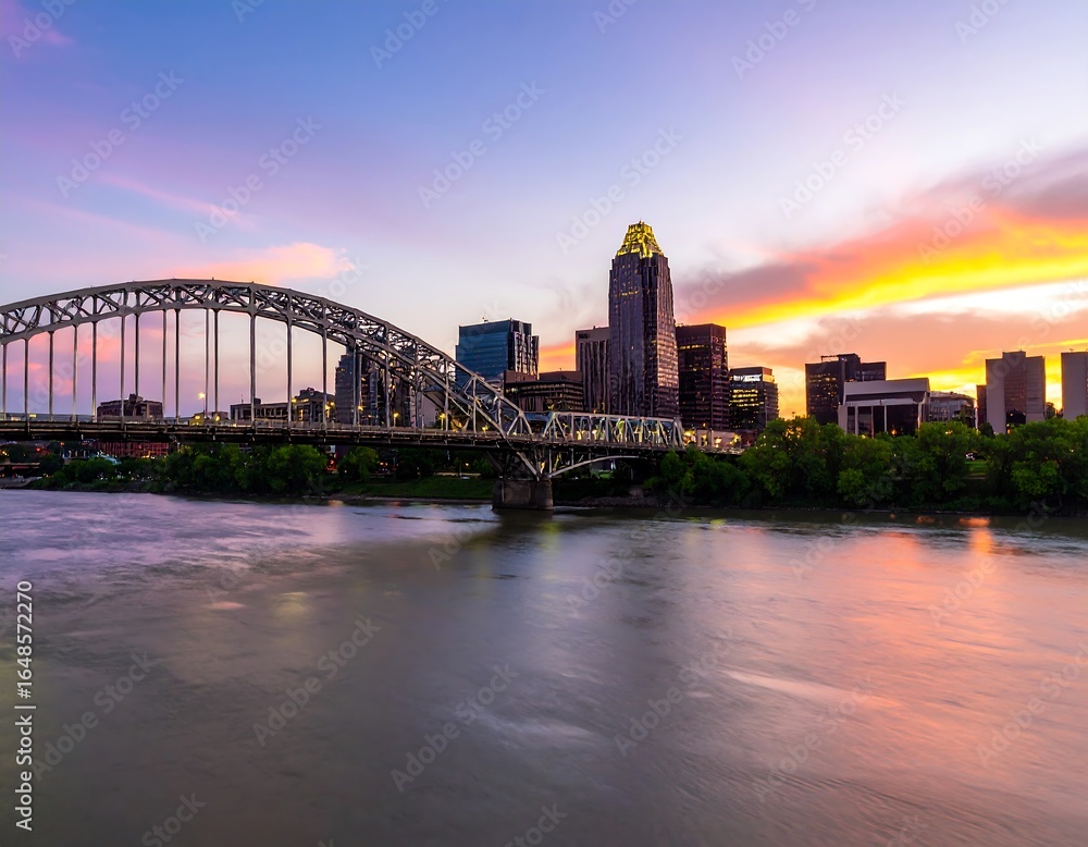 Naklejka premium City skyline at sunset over a river (2)