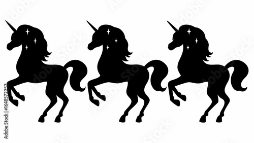 Three black unicorn silhouettes with stars inside their bodies on a white background image design art | editable eps vectors