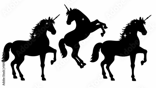Three black unicorn silhouettes with sparkling stars on a white background in various poses standing | editable eps vectors