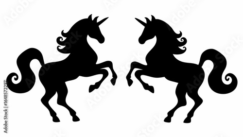 Two black unicorn silhouettes facing each other with curly manes and tails on a white background | editable eps vectors