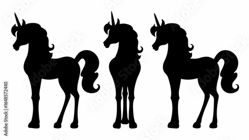 Three unicorn silhouettes standing in a row with flowing manes and tails in a simple black and white image | editable eps vectors
