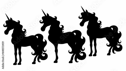 Three unicorn silhouettes standing side by side with curly manes and tails on a white background | editable eps vectors
