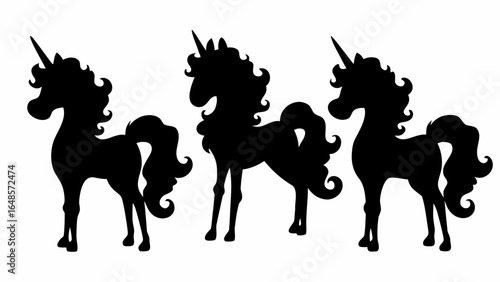 Three black unicorn silhouettes standing side by side on a white background in a simple illustration | editable eps vectors