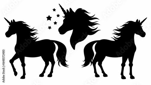 Silhouette illustration featuring two unicorns and a unicorn head with stars on a white background | editable eps vectors