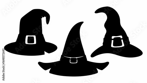 Three black witch hats with buckles in silhouette style for halloween party decoration design vector | editable eps vectors
