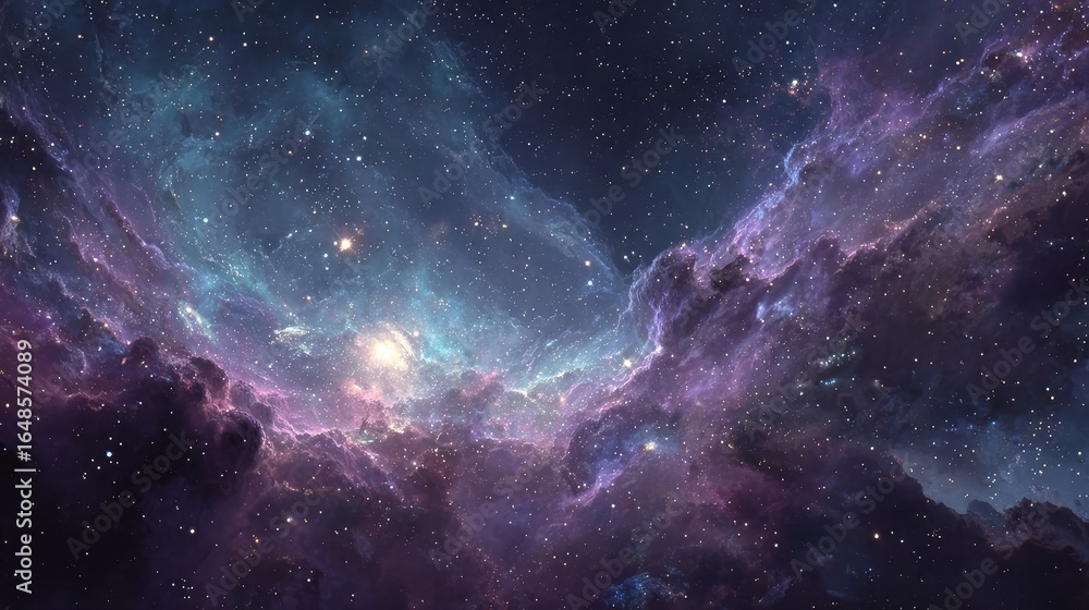 Fototapeta premium Digital wallpaper showcasing a detailed space scene with galaxies, stars, and nebulae glowing in bright purples, blues, and pinks, ideal for cosmic-themed designs and wallpapers.
