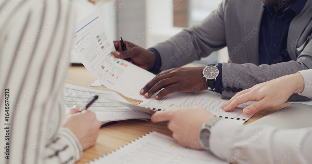 Fototapeta premium Hands, meeting and people with documents, office or financial analyst with data, budget or teamwork. Accountant, analysis and group with paperwork for business development, discussion and planning