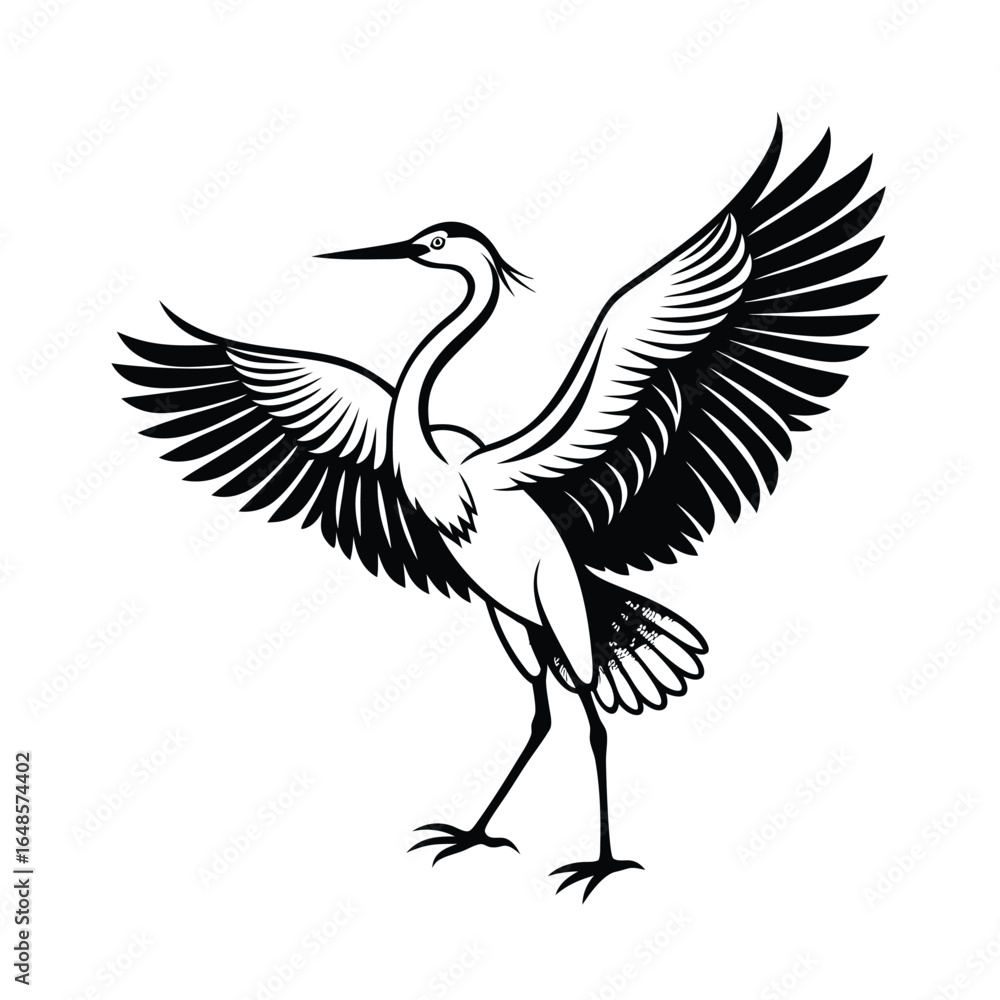 Obraz premium Elegant line art illustration of an egret bird spreading its majestic wings on a clean white background
