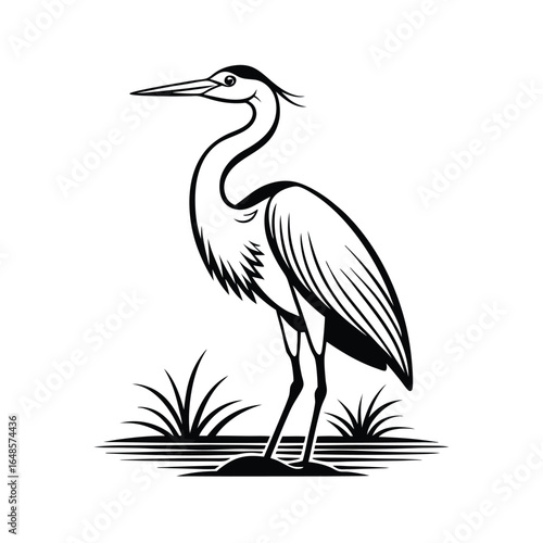 Elegant egret standing delicately in water line art illustration