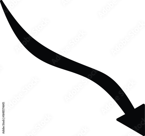 Curved arrow pointing downwards, isolated on white background, indicating direction, movement, or decline with a simple, minimal design and abstract concept
