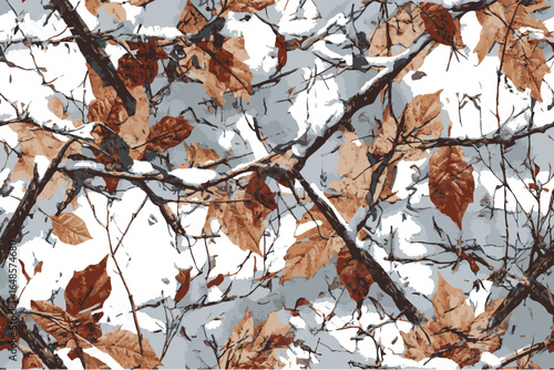 Camouflage seamless pattern. Forest real tree camouflage design. Hunting camouflage. Vector hunting camo texture.High-resolution, hyper-realistic autumn leaves and tree branches camouflage pattern.