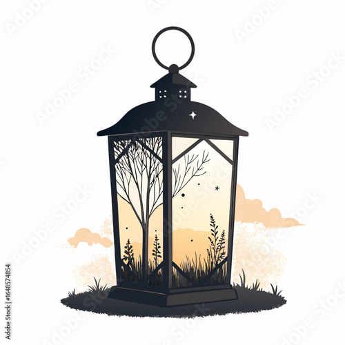 Enchanted lantern with whimsical tree and starry night scene, perfect for dreamy designs, fantasy projects, and magical illustrations with a touch of elegance